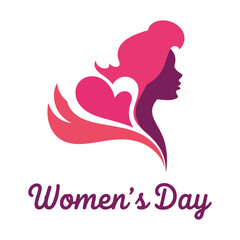 Happy Women's Day greeting card with a woman’s face design on a pink background. Features text 8th March International Women's Day. for gift cards and celebration.