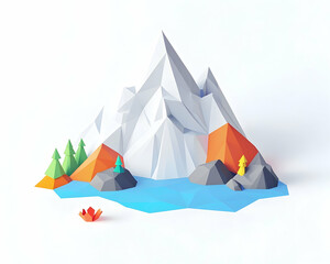 Low-poly mountain landscape illustration, digital art, white background, nature scene, website design.