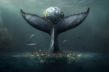 Whale tail lifting Earth above polluted waters, symbolizing marine life conservation, environmental protection, ocean pollution awareness, and the urgent need to save aquatic ecosystems