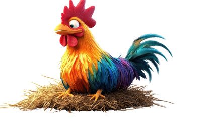 Colorful Cartoon Rooster Sitting on Hay with Bright Feathers