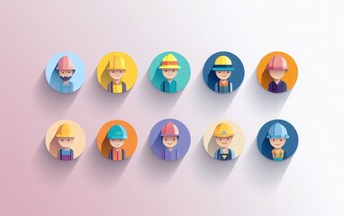 A vibrant, flat style set of construction worker avatar icons, featuring characters with safety helmets in round backgrounds. 
