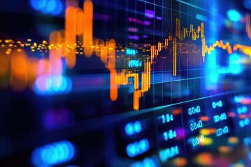 A vibrant, digital graph displays fluctuating data trends with glowing lines and indicators, representing financial or statistical analysis.