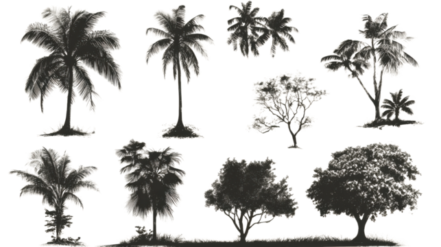 Variety of Detailed Palm and Tropical Trees in Black and White Design