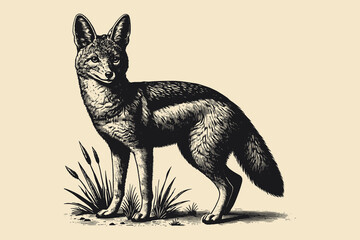 Black and white vintage vector engraving illustration of a jackal