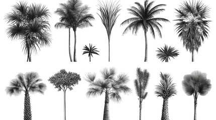 Illustrated Set of Various Palm Trees in Black and White Style