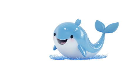 Cute Blue Cartoon Whale Splashing Joyfully in Bright Ocean Water