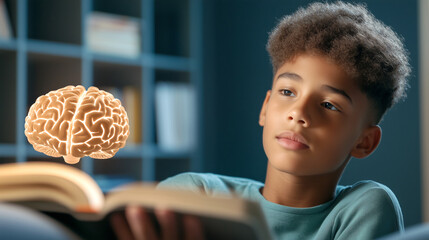 Young boy engaged in reading with a brain illustration nearby