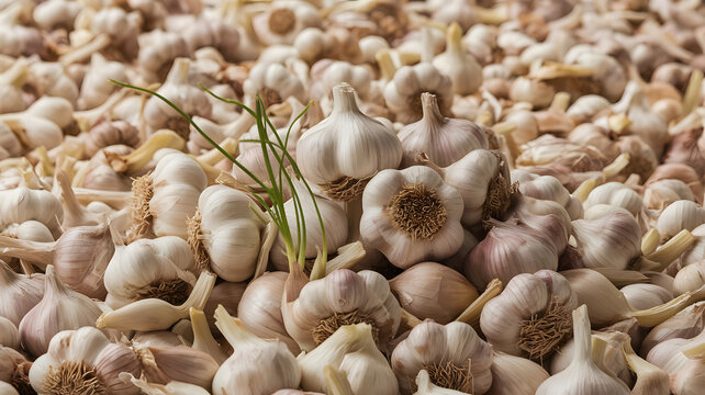 A photo of a pile of garlic cloves in a white background.