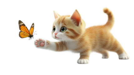 Playful Ginger Kitten Reaching for Colorful Butterfly in Garden