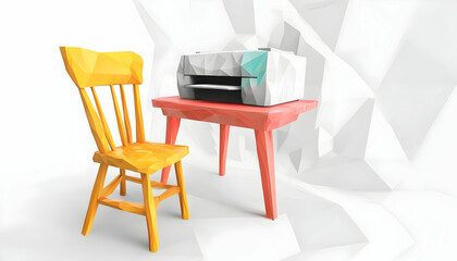 Low-poly printer on table, chair, abstract background; office, home workspace.
