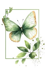 Delicate green butterfly art with leaf elements showcasing nature's beauty and tranquility in watercolor style