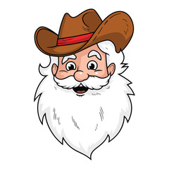 Retro vintage Santa Claus wearing a cowboy hat with a Howdy Christmas theme. Groovy 70s style Santa illustration, ideal for festive holiday designs and seasonal decorations.