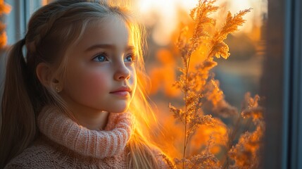Little girl with blue eyes looking out window at sunset.