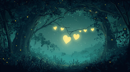 Obraz premium Illustration of a moonlit forest where fireflies form heart shapes, with the dark forest floor as space for text