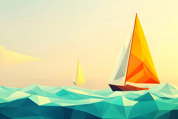 Low-poly Sailboats Sailing Sunset Ocean,  Website Banner.