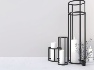 Minimalist home decor with black metal candle holders and white candles on a white surface against a white wall