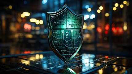 Futuristic metallic shield with circuit board design, glowing green, on reflective surface.