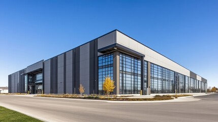Obraz premium Modern industrial building with large windows and sleek design under a clear blue sky.