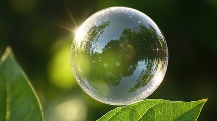 A soap bubble reflecting sunlight and trees, resting on green leaves.