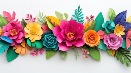 Vibrant paper flowers and leaves border on white background.