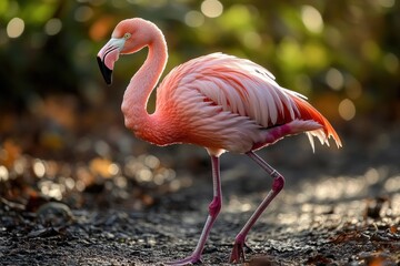 Fototapeta premium Pink flamingo standing on ground, sunlit feathers, blurred background.
