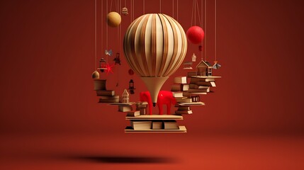 Obraz premium A whimsical hot air balloon floats above stacked books