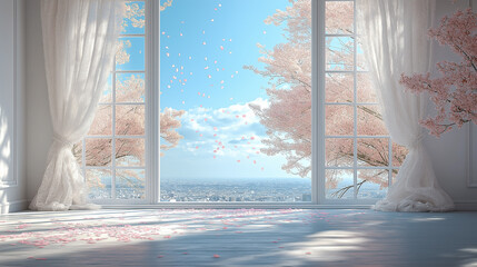 桜の花びらが窓から入る