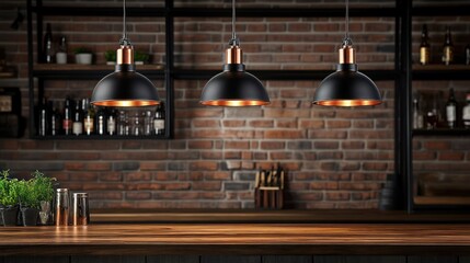 Three industrial pendant lights illuminate a rustic bar counter with copper accents against a brick wall.