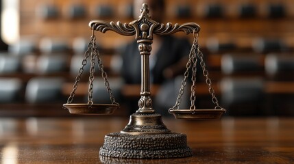 Justice scales on wooden table in courtroom.