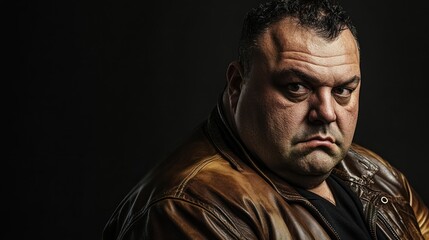 Obraz premium Close-up portrait of a serious, overweight man in a brown leather jacket against a dark background.