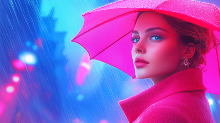 Fototapeta premium Woman with pink umbrella walks in vibrant urban rain