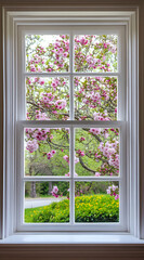 A window view showcasing blooming pink flowers and lush greenery, inviting a serene atmosphere.