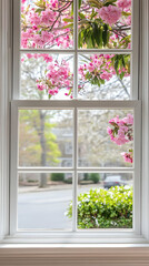Obraz premium A view from a window showcasing blooming pink flowers and greenery outside.