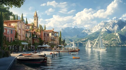 Fototapeta premium Italian Lakeside Village with Boats and Majestic Mountains