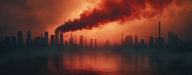 Fototapeta premium A dramatic sunset casts an ominous glow over a city skyline, with dark smoke billowing from industrial chimneys into the smoky atmosphere.