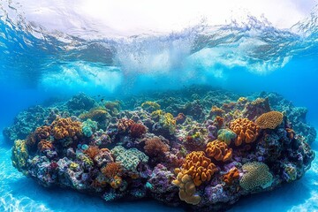 Fototapeta premium Splitted image of the ocean wave breaking over coral reef , isolated on white background, , copy space, copy space for text,