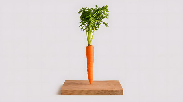 A photo of a carrot standing up straight, with a green top and an orange body.