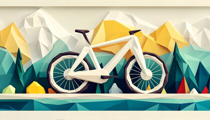 Naklejka premium Low-poly white bicycle mountain landscape illustration.