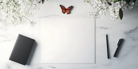 White Paper Mockup with Flowers Butterfly and Stationery