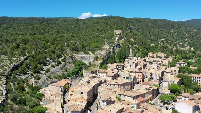 Panoramic view of village Saint Saturnin les Apt in Luberon regional natural park, Provence, France. View of the small village of Saint-Saturnin-les-Apt, Vaucluse, Provence, France.