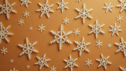 Winter background with beautiful snowflakes. Snowfall. Bright glossy mocha mousse pantone brown color coarse paper background grainy texture, paper style snowflakes. Perfect for website header. Banner