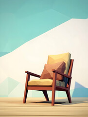 Fototapeta premium Low-poly wood armchair with pillows on wood floor, polygon background. Concept art. Possible design, lifestyle use.
