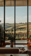 Fototapeta premium A serene view through large windows showcasing rolling hills and greenery.