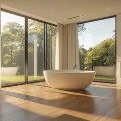 Fototapeta premium Minimalistisches Badezimmer mit freistehender Badewanne und Blick ins Grüne