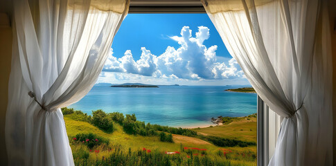 Fototapeta premium A scenic view through a window showcasing a tranquil landscape with clouds and water.