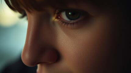 Fototapeta premium Child's Gaze: A close-up profile portrait of a child, their green eyes captivating the viewer in a moment of quiet contemplation.