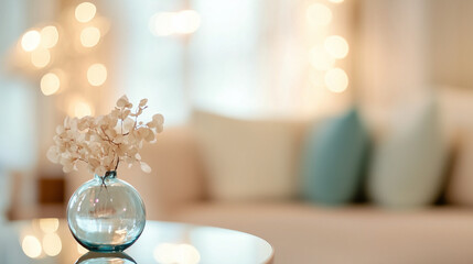 Fototapeta premium Minimalist living room with a blue glass vase and dried flowers on a reflective table in soft light