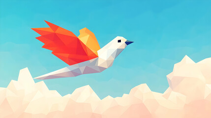 Polygonal bird flies over clouds, on blue sky background, for illustration or graphic design.