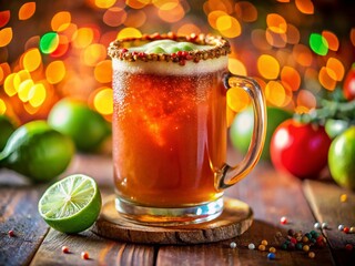 Spicy Michelada Beer, Mexican Beer Cocktail, Rimmed Beer Glass,  High-Resolution Image, Deep Depth of Field Photography, Mexican Drink Recipe