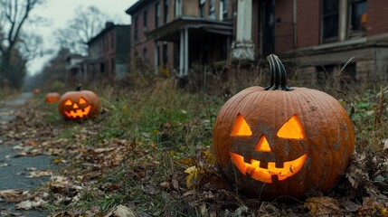 Fototapeta premium Lit jack-o'-lanterns on a spooky, autumnal street.